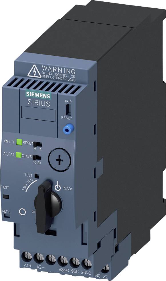Elektronické nadproudové relé Siemens Sirius, zobrazující ovládací prvky a signalizační světla. Varování zařízení: 'Neprovozovat naprázdno'.