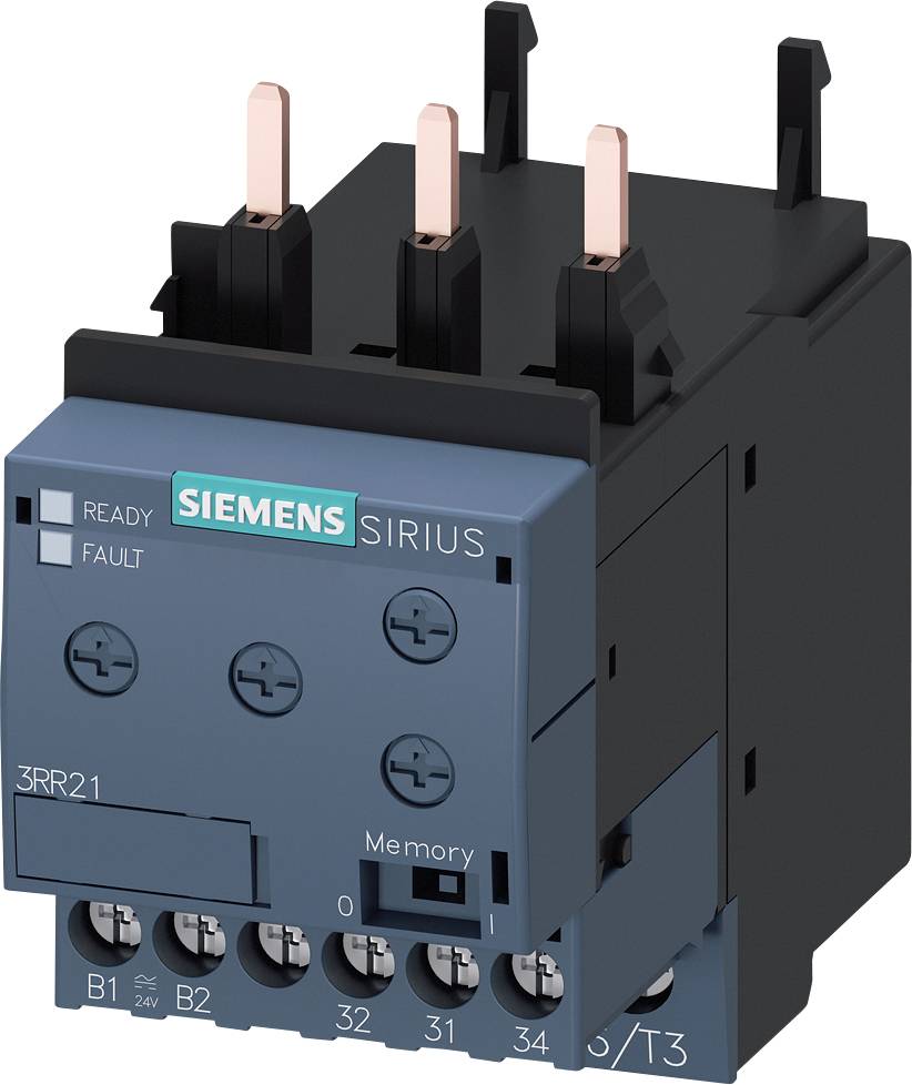 Sériové relé Siemens Sirius se třemi připojovacími svorkami a indikací provozního stavu. Vhodné pro spínací aplikace v průmyslu.