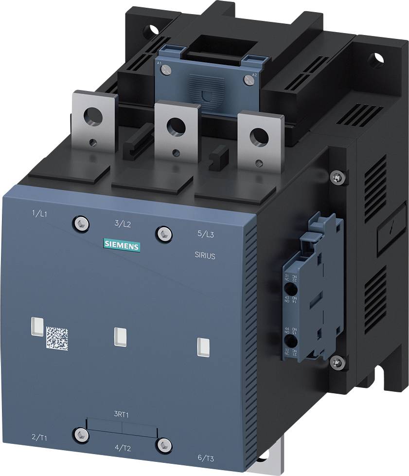 Elektrický stykač v černé a modré barvě s připojovacími svorkami a logem Siemens nahoře. Používá se pro řízení a spínací úlohy.