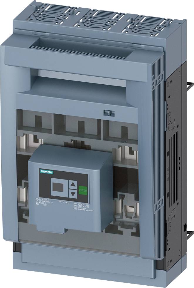 Modrý výkonový spínač Siemens v boční pohledu, obdélníkového tvaru s digitálním displejem, používaný pro řízení elektrického proudu.