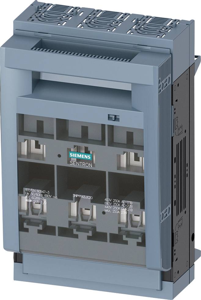 Velký elektrický výkonový spínač v modré barvě, s logem Siemens a označením SENTRON, určený pro průmyslové aplikace.