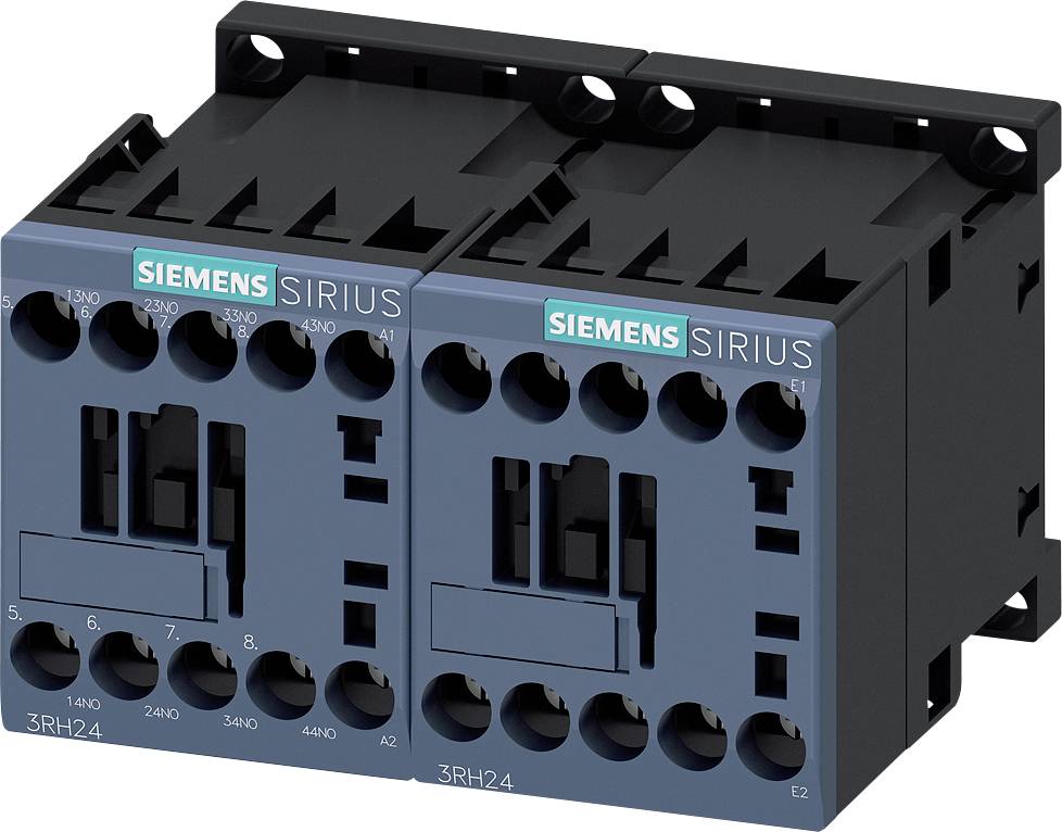 Stykač Siemens Sirius 3RH24, dvě propojené jednotky, černý kryt, elektrické přípojky, průmyslové použití.