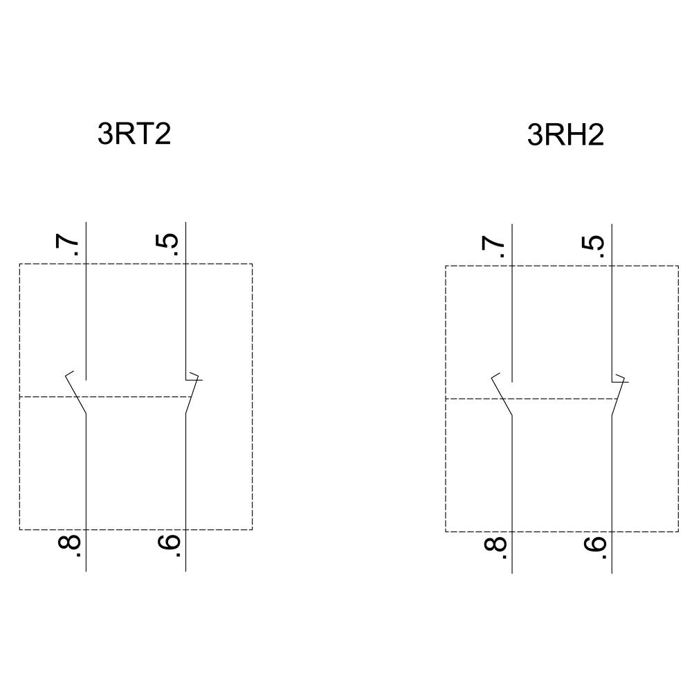 Dva elektrické schémata označené '3RT2' a '3RH2' s rozměry 7, 5, 8, 9 na hranách. Čáry rozlišují jednotlivé komponenty.