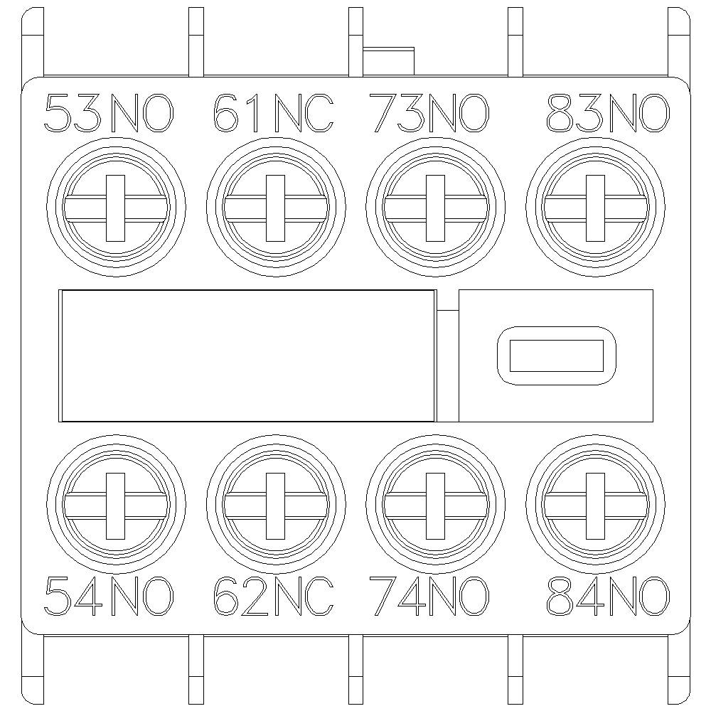 Elektrické schéma zobrazuje relé s osmi svorkami. Nahoře: '53NO, 61NC, 73NO, 83NO'. Dole: '54NO, 62NC, 74NO, 84NO'.