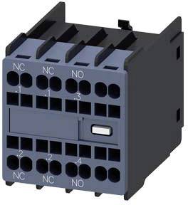 Elektrické spínací zařízení s několika svorkami. Horní svorky jsou označeny jako 'NC', prostřední jako 'NO'. Je viditelný spínač.