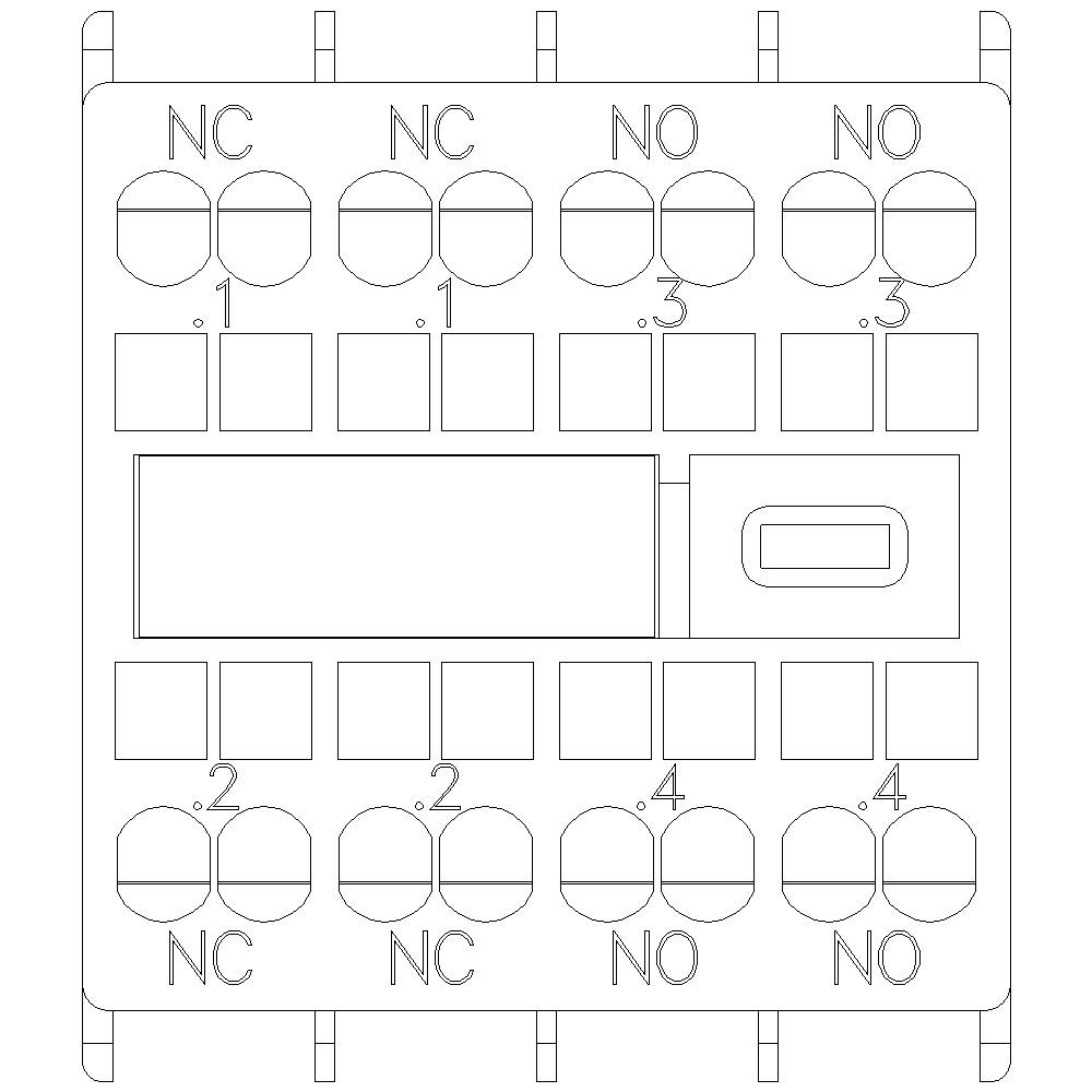 Diagram relé se svorkami. Popisky 'NC' pro normálně zavřený a 'NO' pro normálně otevřený. Číslované body připojení.