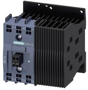 Stykač Siemens SIRIUS v šedé barvě s černým chladičem. Čelní svorky s popisky L1, L2, L3, T1, T2, T3.