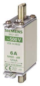 Elektrická pojistka Siemens, typ NH00, 500 V, 6 A, 120 kA. Pohled zepředu s kontaktními kolíky a nápisem 'VDE 0636/22'.