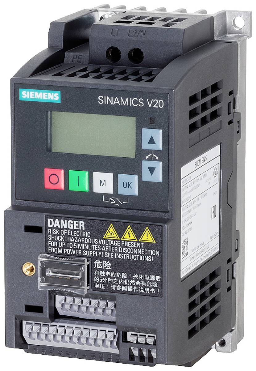 Frekvenční měnič Siemens Sinamics V20 s displejem, ovládacími tlačítky a výstražnými upozorněními týkajícími se elektrické bezpečnosti napětí.