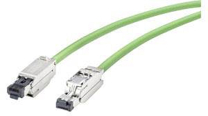 Dva zelené ethernetové kabely s kovovými konektory, typicky používané pro síťová připojení.