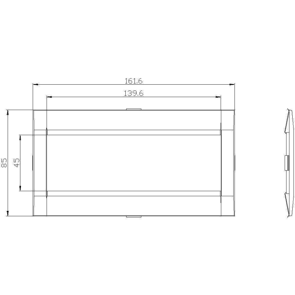 Technický výkres obdélníkového zařízení s rozměry: šířka 161,6 mm, výška 85 mm, hloubka 45 mm. Pohled shora a boční pohled.