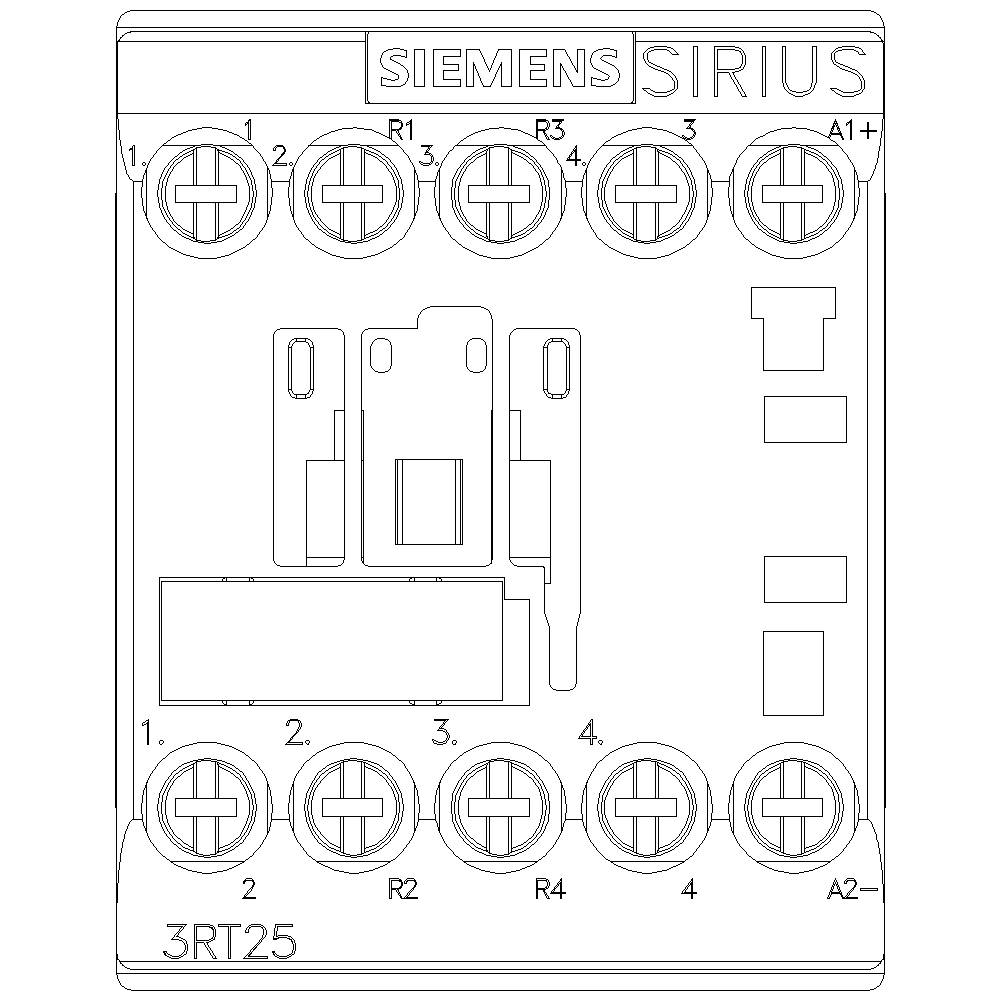 Siemens Sirius spínací přístroj, model 3RT25, zobrazuje připojovací body R1-R4, A1, A2. Nahoře firemní název 'SIEMENS'. Technické detaily vytištěny.