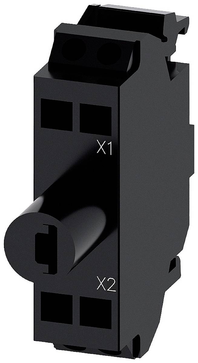 Černá, obdélníková elektrická součástka s označením 'X1' a 'X2'. Má vyčnívající válcový konektor.