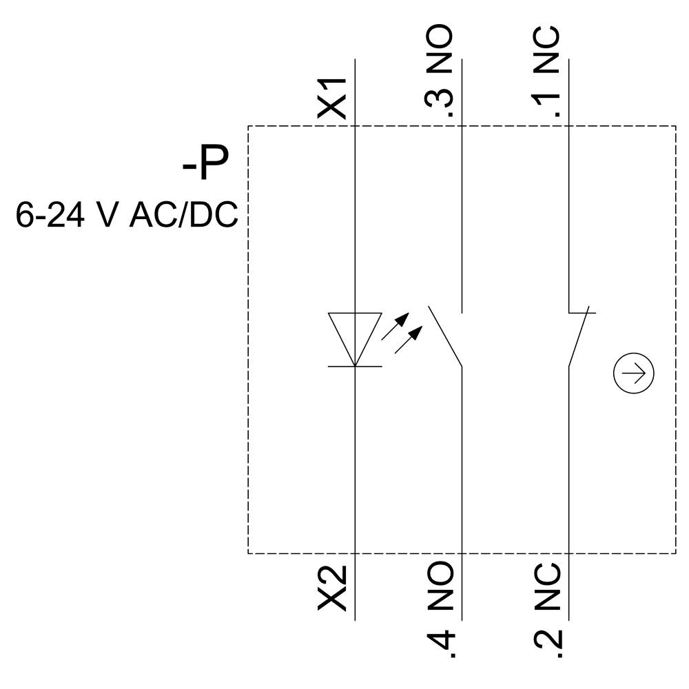 Spínací symbol cívky relé se signalizační LED, označený '6-24 V AC/DC'. Značení pro NO, NC a svorky X1, X2.