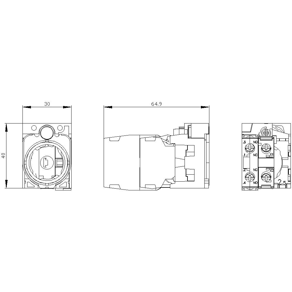 Technický výkres konstrukčního prvku s rozměry: 30x40 a šířka 64,9. Zobrazuje přední, boční a horní pohled s detaily.