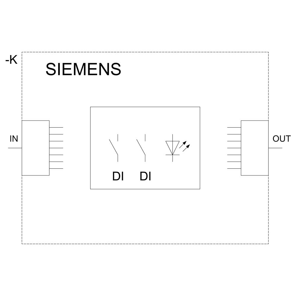 Logo 'SIEMENS' v levém horním rohu. Schéma zapojení s označenými vstupy 'IN' a výstupy 'OUT'. Dva symboly 'DI' a LED indikátor uprostřed.