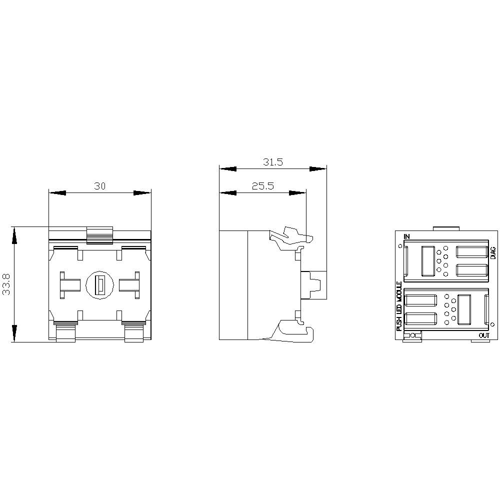 Výkres elektrické součástky s předním, bočním a horním pohledem. Rozměry: 30 x 31,5 mm. Značení 'IN', 'OUT', 'FDB LB DUBE'.