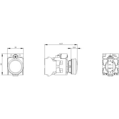 Technický výkres kulatého spínače s rozměry: šířka 30 mm, hloubka 61,5 mm, výška 40 mm, včetně bočního detailního pohledu.