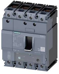 Výkonový jistič Siemens 3VA1, průmyslové použití, šedé pouzdro s výklopným spínačem, vytištěné technické údaje.