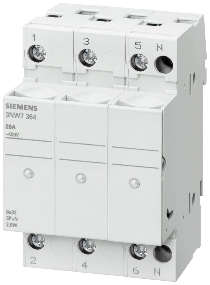 Bílý čtyřpólový pojistkový držák Siemens 3NW7 364 s označením pro fáze 1-3 a nulový vodič. Jmenovitá hodnota je 20A, -400V.