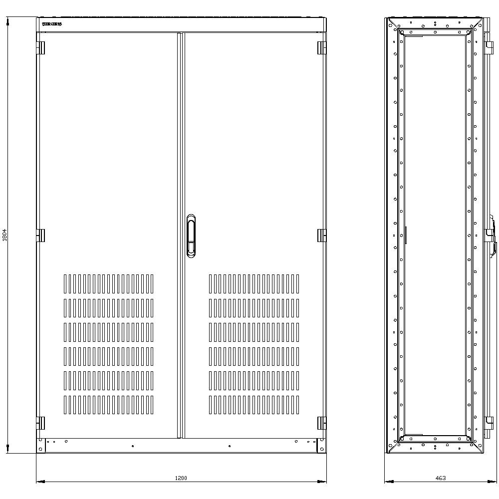 Dvourozměrný technický výkres obdélníkové skříně se dvěma dveřmi, klikou a větracími otvory. Rozměry: výška 2304 mm, šířka 1200 mm, hloubka 463 mm.