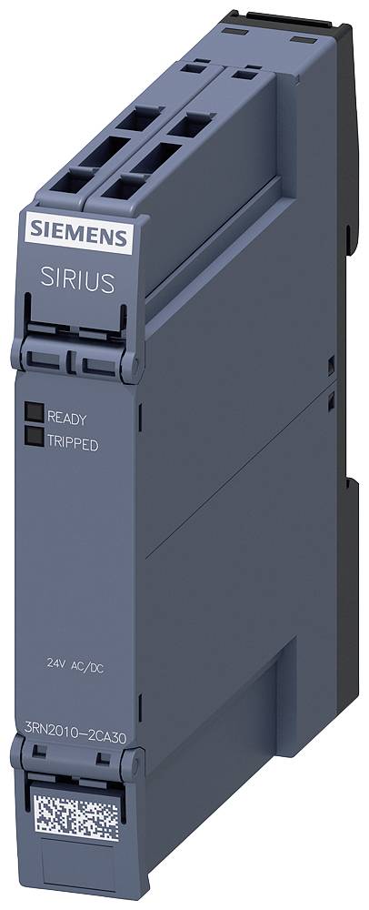 Šedé časové relé Siemens Sirius s LED indikátory pro 'Připraveno' a 'Aktivováno', vhodné pro 24V AC/DC.