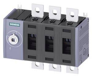 Šedý elektrický spínač od Siemens se třemi černými spínacími segmenty a kovovými přípojkami, vhodný pro průmyslové aplikace.