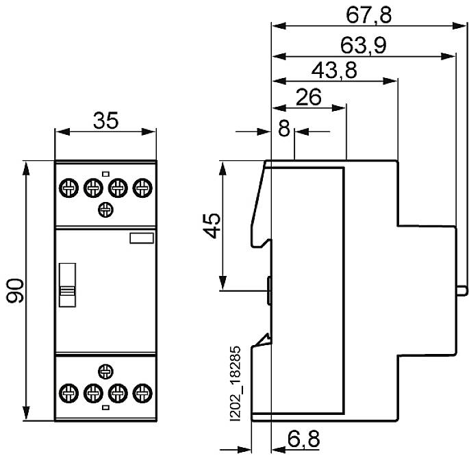 Technický výkres elektrického zařízení s rozměry: výška 90 mm, šířka 35 mm, hloubka 67,8 mm. Zobrazuje připojení a upevnění.
