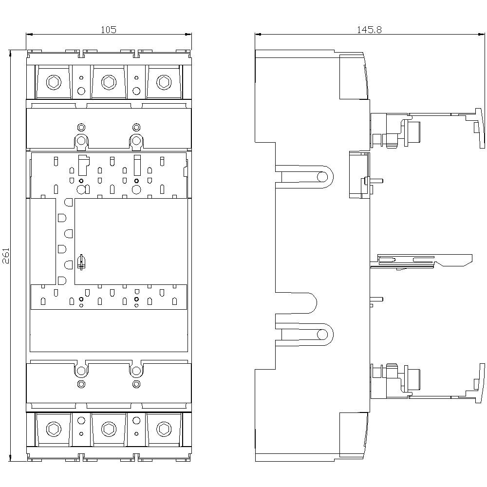 Technický výkres elektrického spínače s pohledem zepředu a z boku. Rozměry: 105 x 145,8 mm, výška: 182 mm.