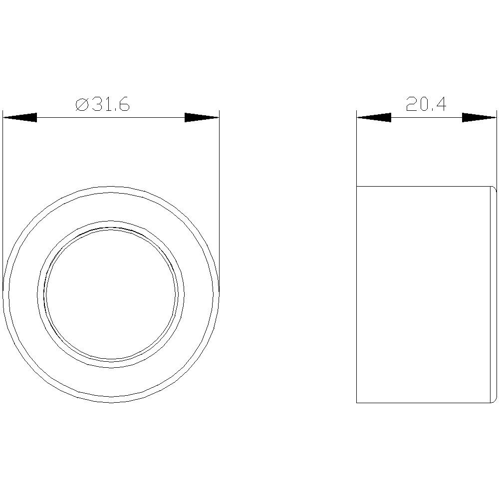 Technický výkres válcového objektu. Průměr je 31,6 mm a hloubka 20,4 mm. Boční a přední pohled.