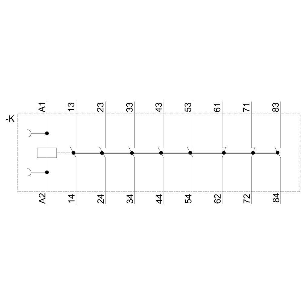'K' označuje relé s připojovacími svorkami A1, A2 a svorkami 14 až 84 v elektrické schématu. Diagram zobrazuje dráhu vedení a mezilehlé kontakty.