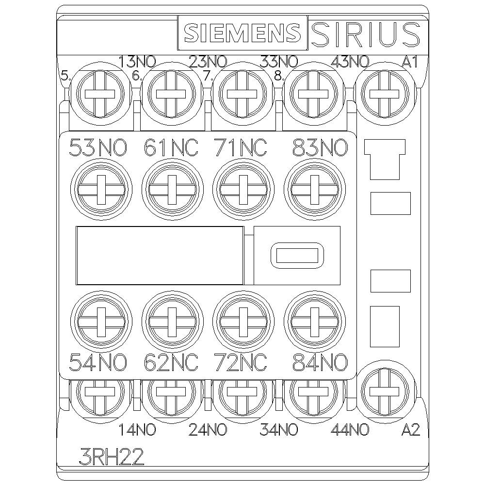 Řadové spínací zařízení Siemens SIRIUS s několika svorkami a spínači. Model '3RH22' viditelný dole.
