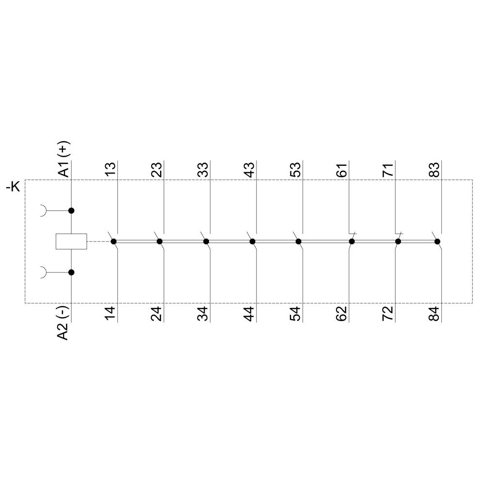 Schéma elektrického systému s devíti svorkami, počínaje A1 (+) a končící A2 (-). Svorky jsou číslovány od 14 do 83.