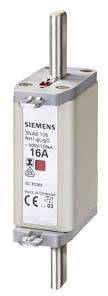 Pojistková automatika Siemens 3NA3 125, 16A, 690V/500V AC. Bílý kryt s technickým popisem. Kovové kontakty nahoře a dole.