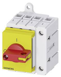 Červený hlavní spínač s žlutým čelním krytem, označený nápisem 'SIEMENS'. Spínač má nahoře čtyři šroubové svorky.