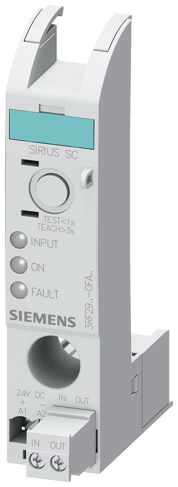 Šedé elektronické zařízení značky Siemens s displeji pro vstup, zapnutí a chyby. Označené štítkem 'SIRIUS SC' a technickými specifikacemi.