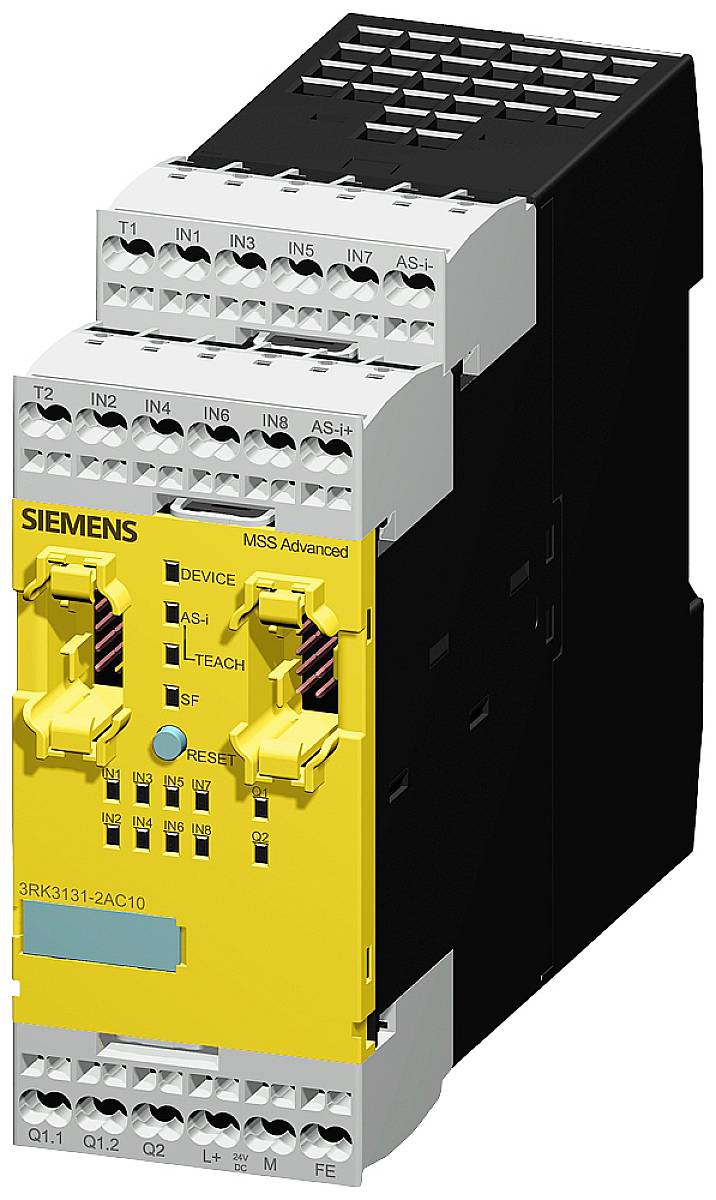Siemens 3RK3131-2AC10 MSS Advanced: Kompaktní, programovatelný bezpečnostní modul s více vstupy a výstupy pro průmyslové aplikace.