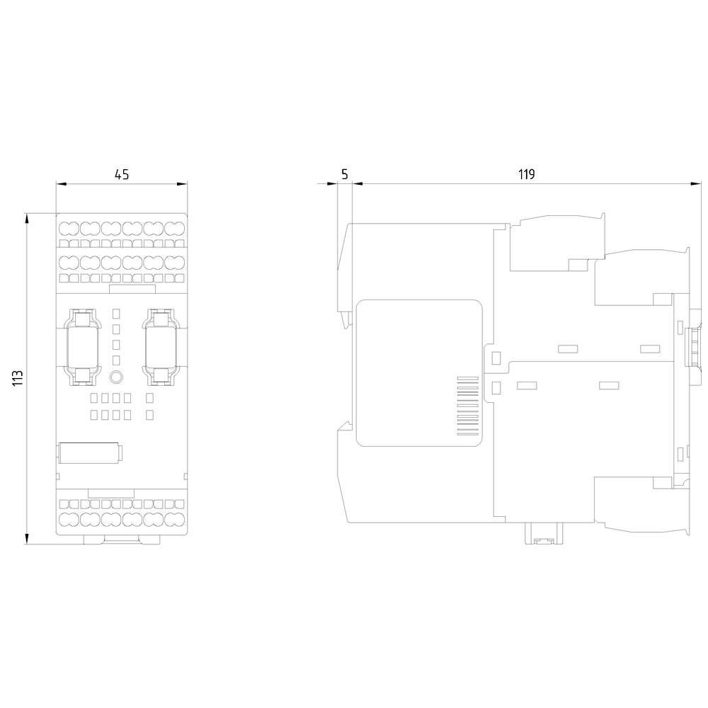 Technický výkres elektrického zařízení s rozměry: 113 x 45 mm pro čelní pohled, 119 x 5 mm pro boční pohled.