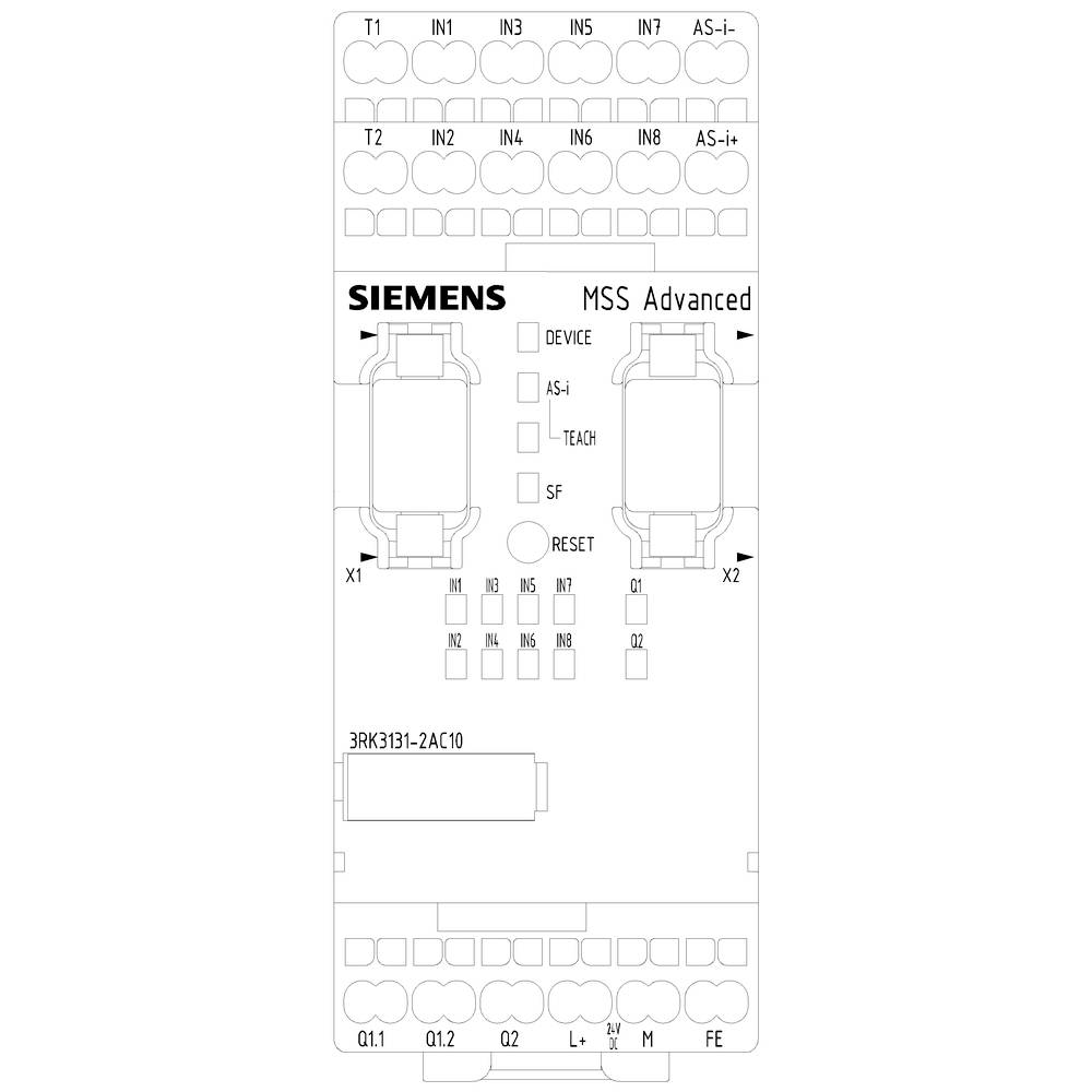 'Siemens MSS Advanced Modul', zobrazuje připojení T1-T2, IN1-IN8, AS-i, LED indikátory pro zařízení, AS-i, učení, SF, resetovací spínač, identifikován jako 3RK3131-2AC10.