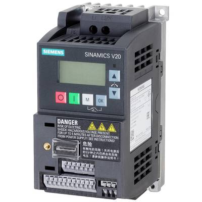 Frekvenční měnič Siemens SINAMICS V20 s displejem a ovládacími tlačítky, varovnými upozorněními a přípojkami pro elektrické zapojení.