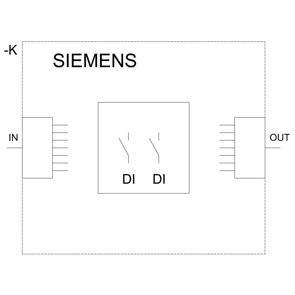 Spínací symbol relé od Siemensu s přívodními a vývodními svorkami, označený štítkem 'DI'. Znázorňuje tok signálu zleva doprava.
