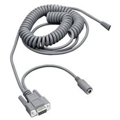 Šedý spirálovitý datový kabel s VGA konektorem a audio připojením, vhodný pro počítačové připojení nebo audiovizuální zařízení.