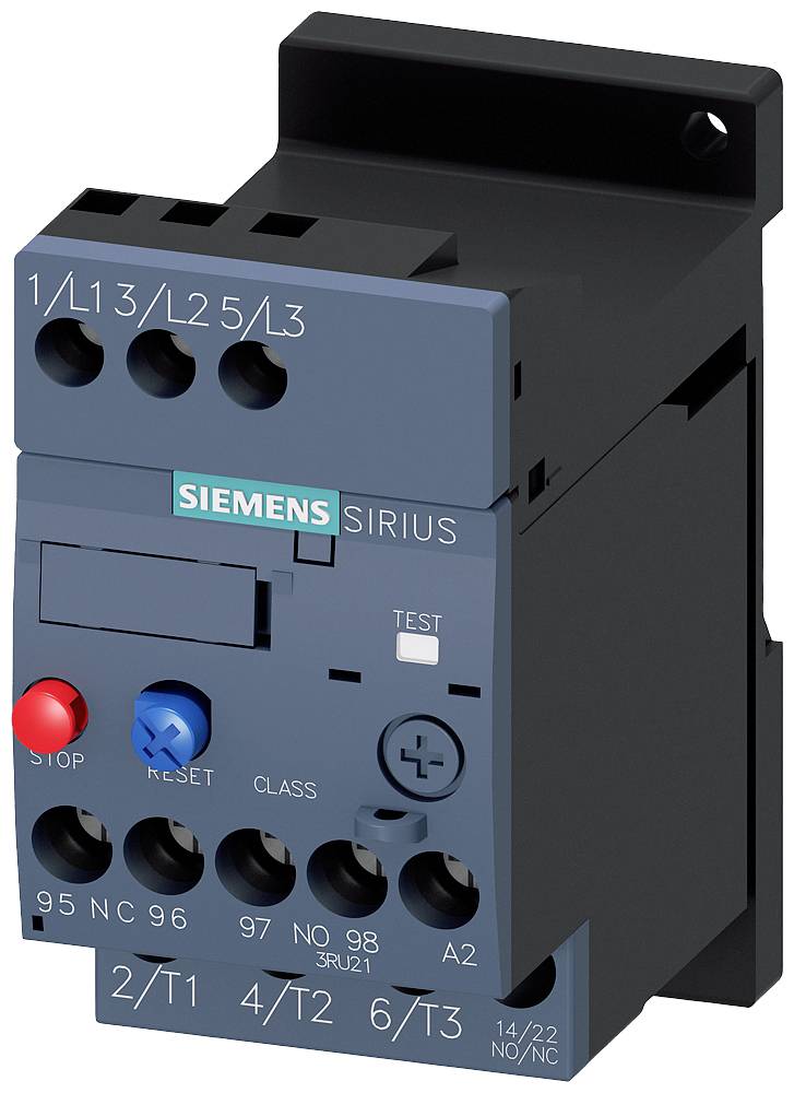 Siemensovo relé proti přetížení Sirius, modelové číslo 3RU21, s přípojkami a tlačítky pro Stop, Reset a Test na přední straně.
