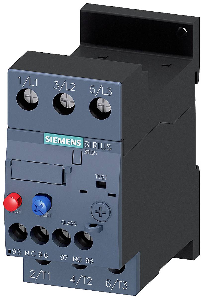 Elektrická komponenta od Siemensu, model SIRIUS 3RU21. Má svorky a ovládací prvky, včetně modrých a červených tlačítek.