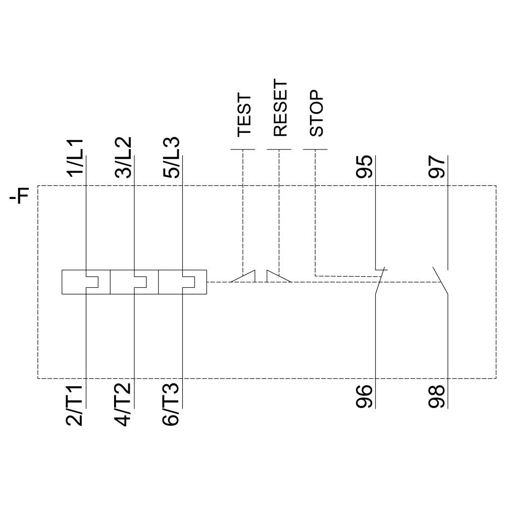 Diagram znázorňuje elektrické schéma zapojení s přípoji: 1/L1, 2/T1, 3/L2, 4/T2, 5/L3, 6/T3 a tlačítky 'TEST', 'RESET', 'STOP'.