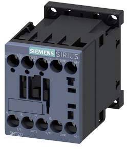Šedostříbrný Siemens SIRIUS stykač s několika připojovacími svorkami, modelové číslo 3RT20, používaný pro řízení obvodů.