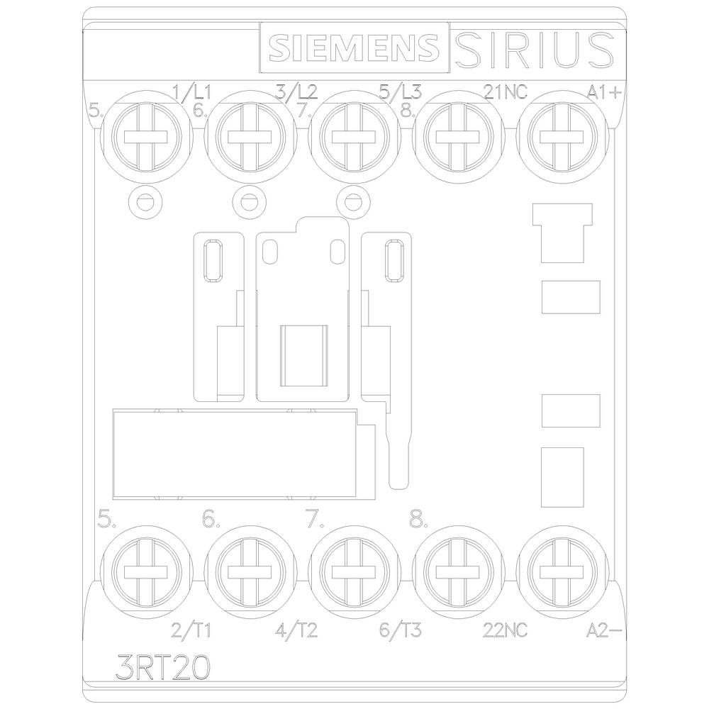 Schéma stykače Siemens SIRIUS 3RT20, zobrazující svorky L1, L2, L3, 21NC, A1+, A2-, jakož i body a značení 2/11, 4/12, 6/13.