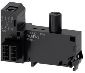Modul Siemens AS-i s černým tělem. Má několik připojovacích bodů a štítky jako 'FAULT' a 'ADDR'.