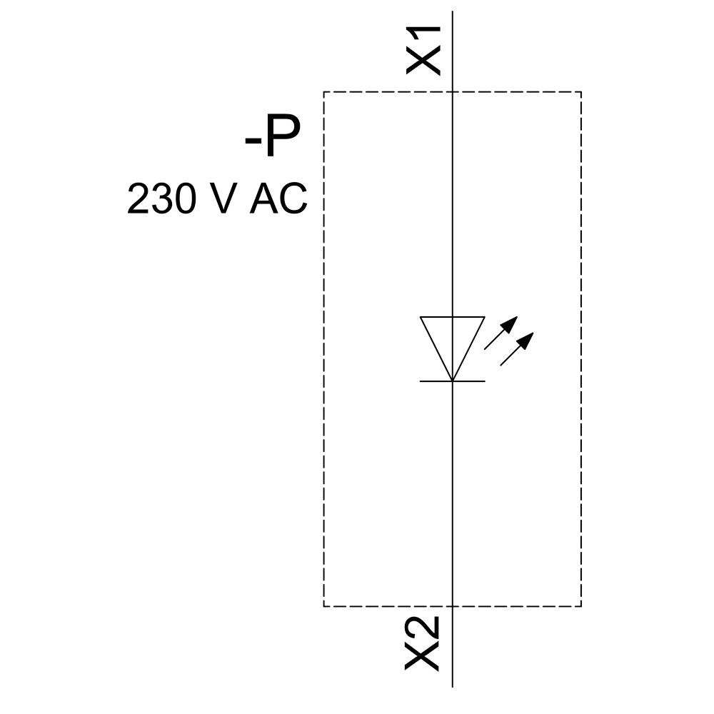Schéma elektrického zapojení optoelektronické součástky s přípojkami 'X1' a 'X2', napětím '230 V AC' a symbolem světelné emise.