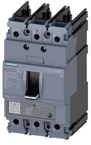 Šedý třípólový výkonový vypínač vyrobený společností Siemens pro elektrické řízení a jištění, opatřený sériovým označením.